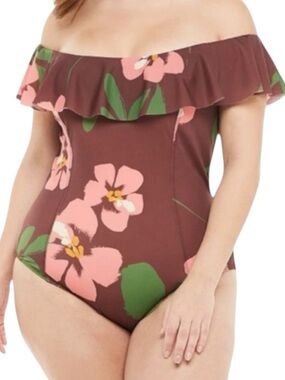 EVRI NWT Floral Off-Shoulder Swimsuit - Brown and Pink Size 2X — NEW WIT…